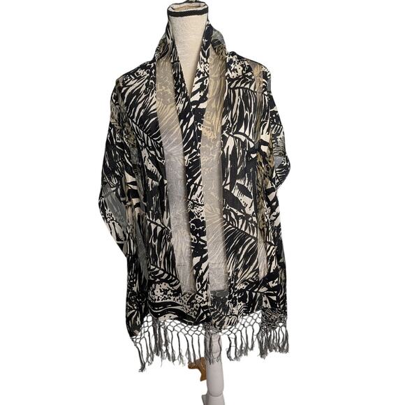 Coldwater Creek Botanical Tropical mixed Media Fringe Scarf Sheer Silk Viscose - Picture 1 of 5